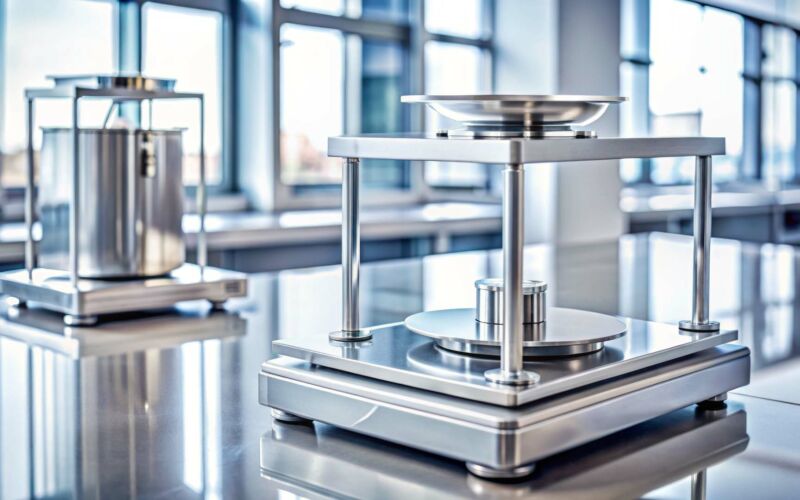 Precision laboratory equipment showcases steel calibration weight being carefully placed on analytical balance for accurate quality control measurements.